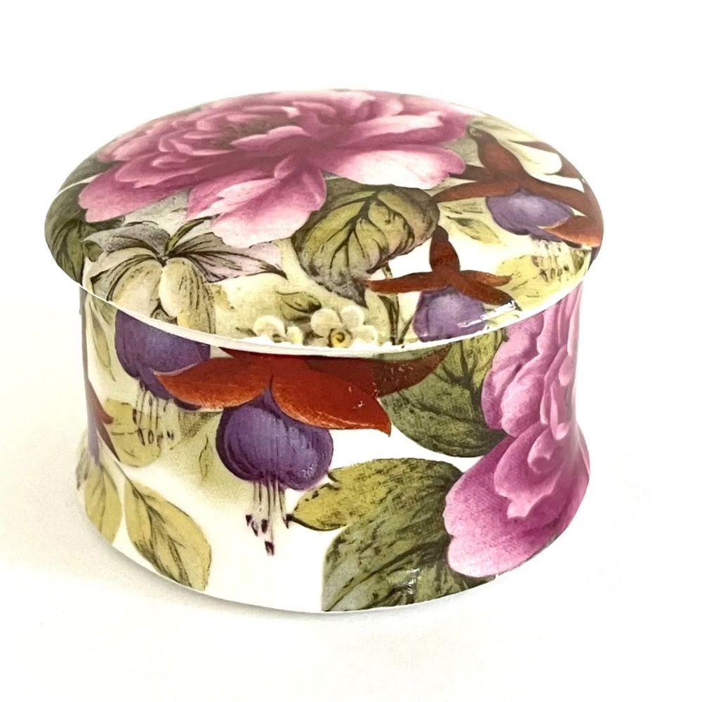 Vintage Round Fine Bone China Trinket Box Peony Floral Flower